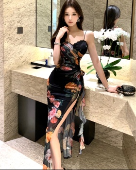 Printing gauze sling summer slim dress