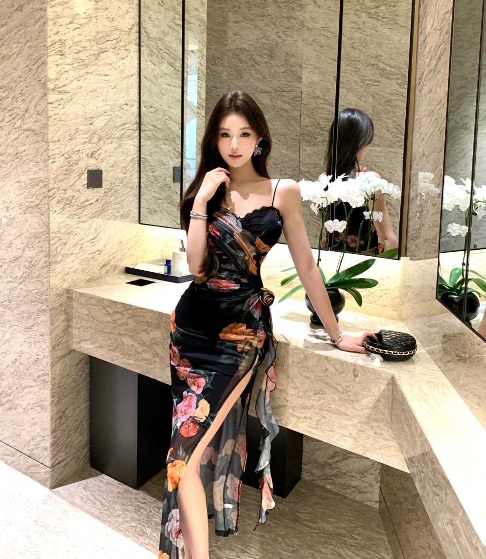 Printing gauze sling summer slim dress