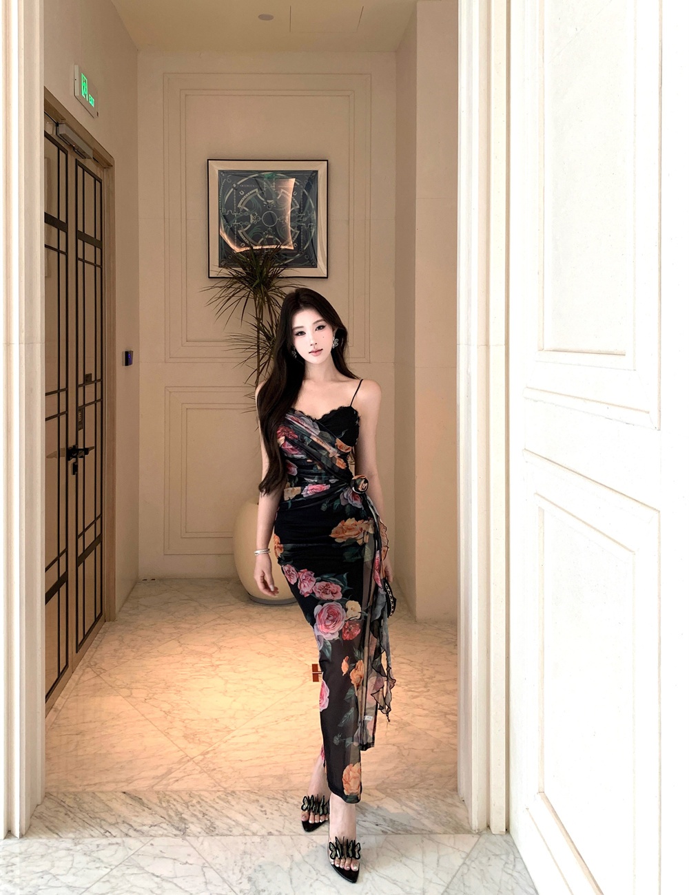 Printing gauze sling summer slim dress