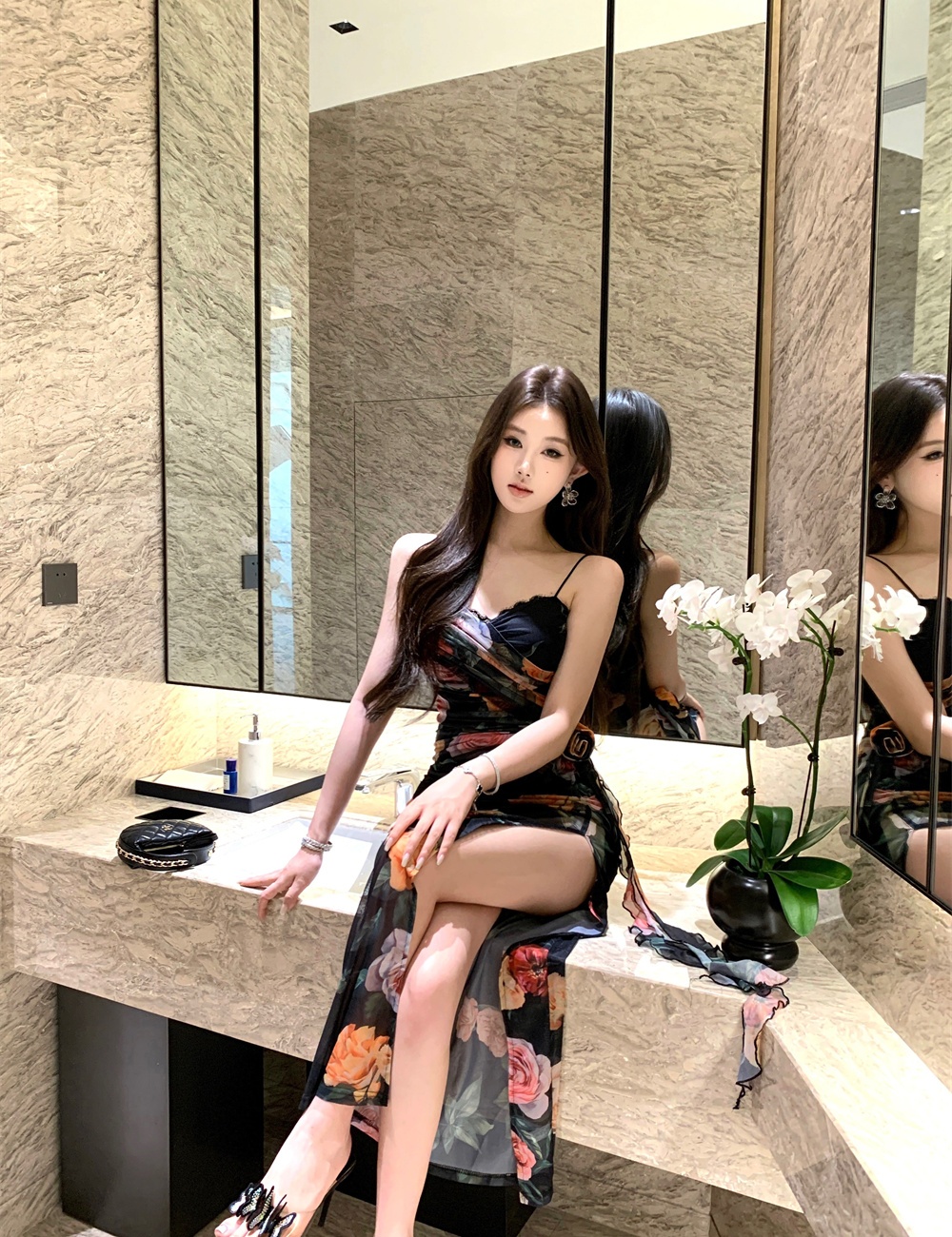Printing gauze sling summer slim dress