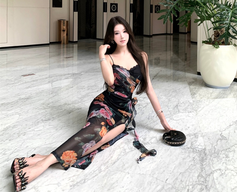 Printing gauze sling summer slim dress
