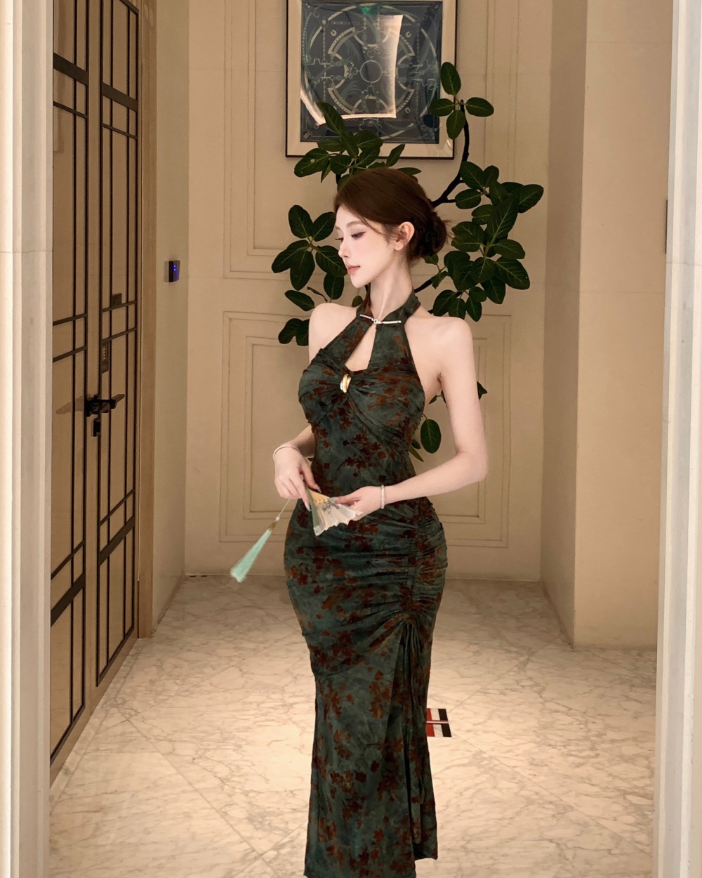 Slim drawstring summer flocking dress