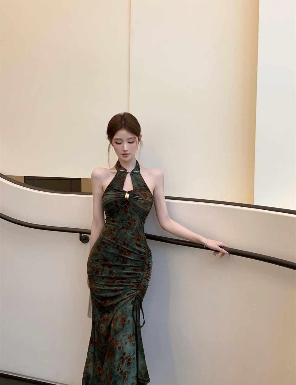 Slim drawstring summer flocking dress