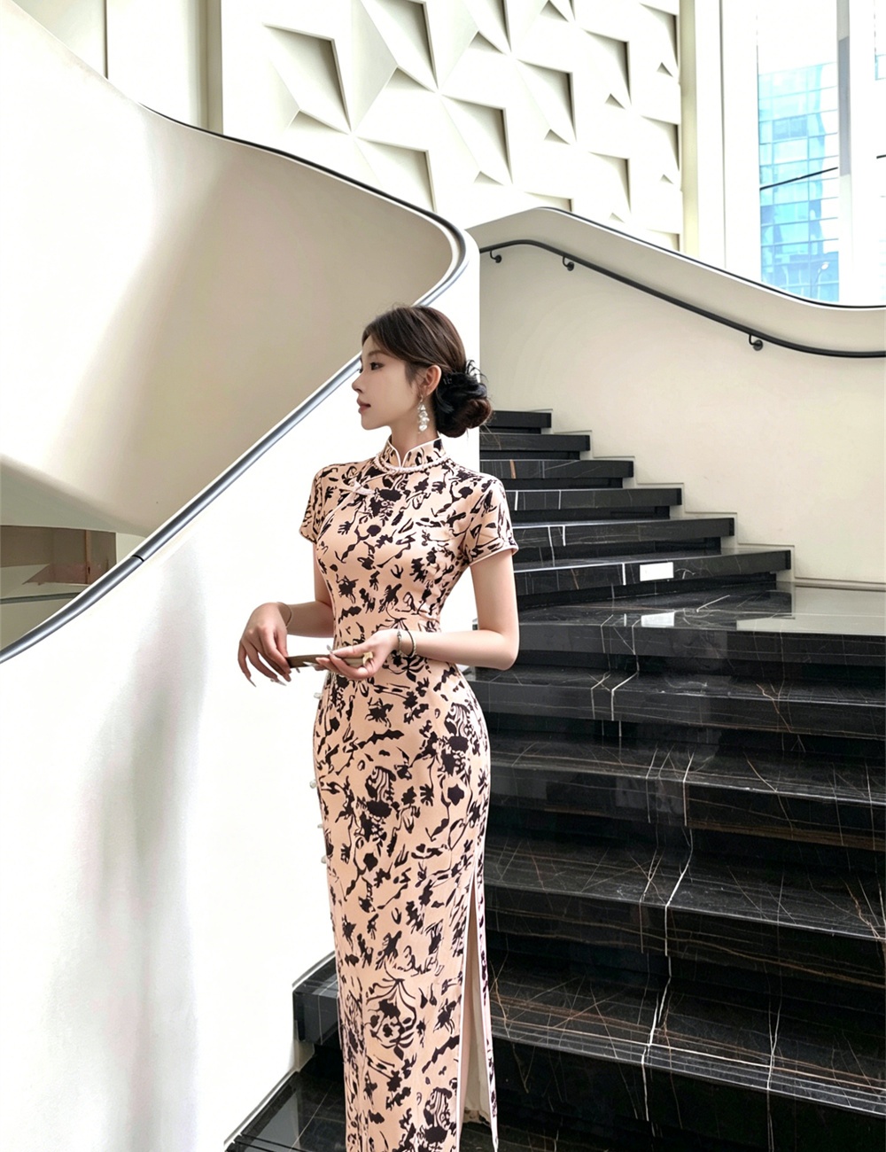 Retro printing cheongsam summer long dress