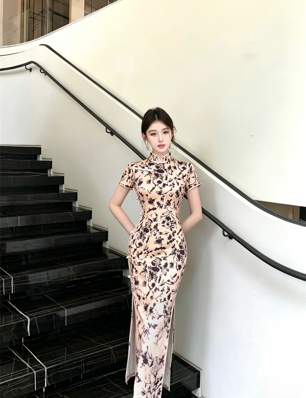 Retro printing cheongsam summer long dress
