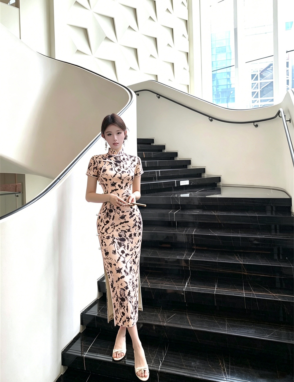 Retro printing cheongsam summer long dress