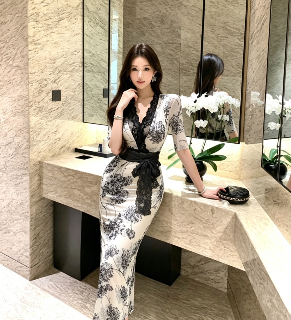 Sexy gauze temperament slim printing floral summer dress