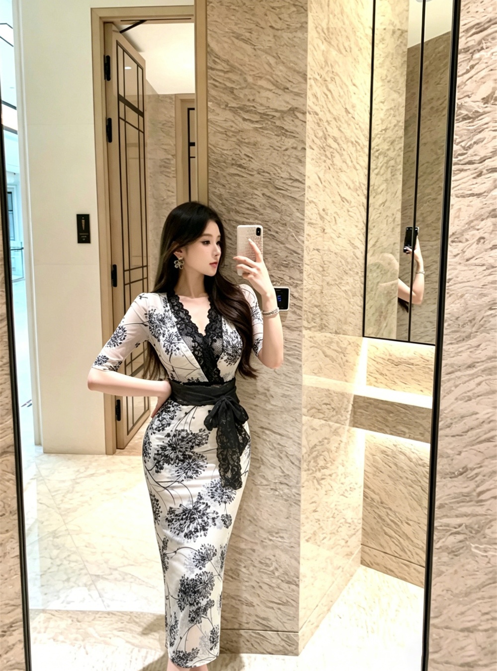 Sexy gauze temperament slim printing floral summer dress