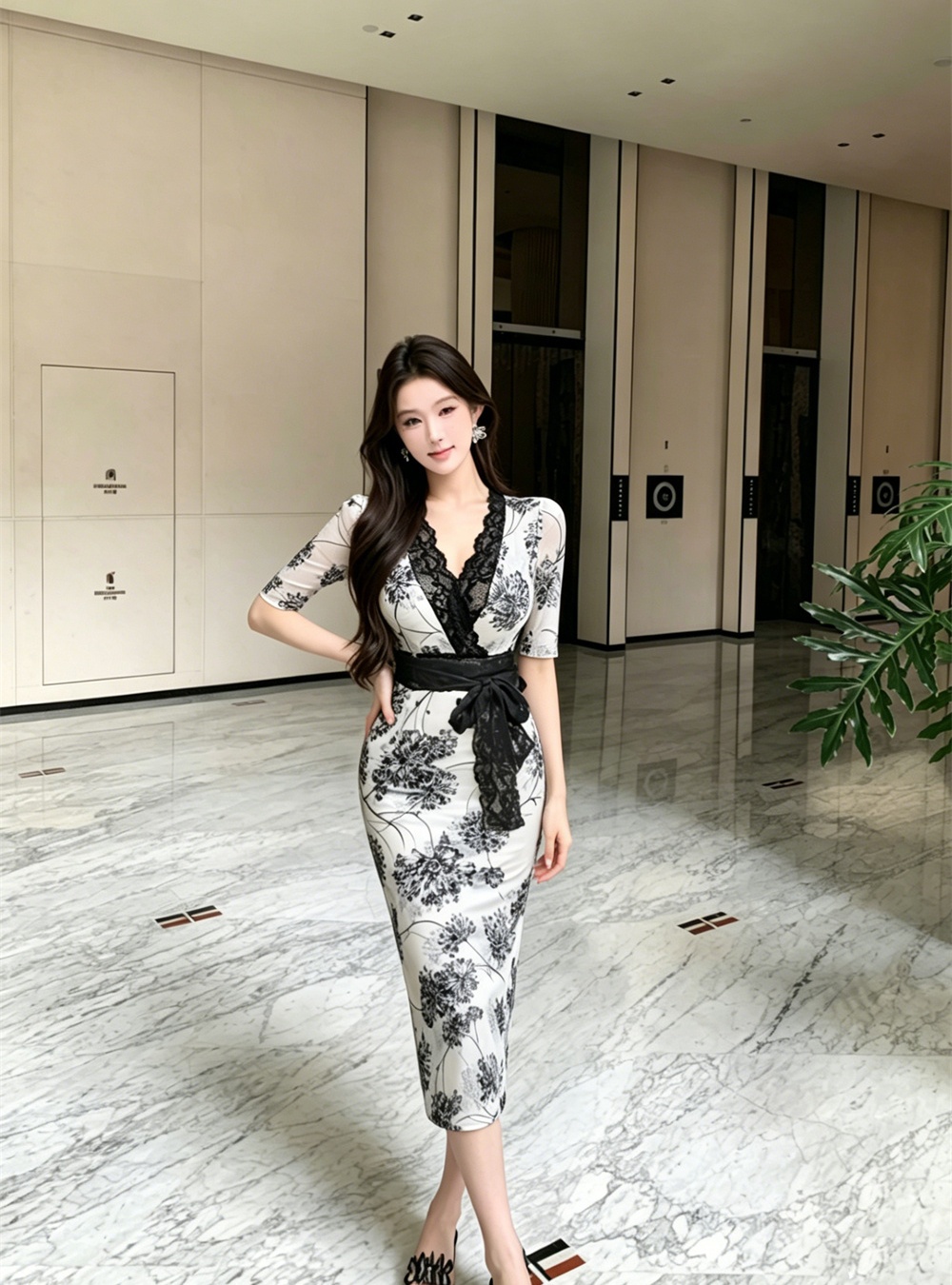 Sexy gauze temperament slim printing floral summer dress