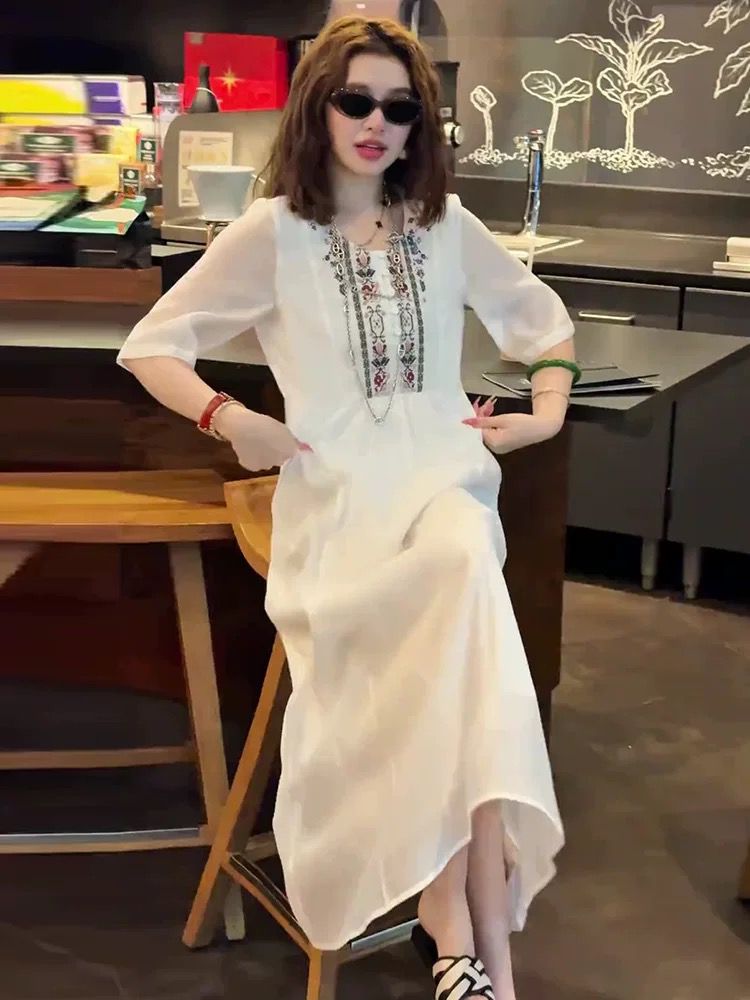 White France style dress pinched waist long dress for women