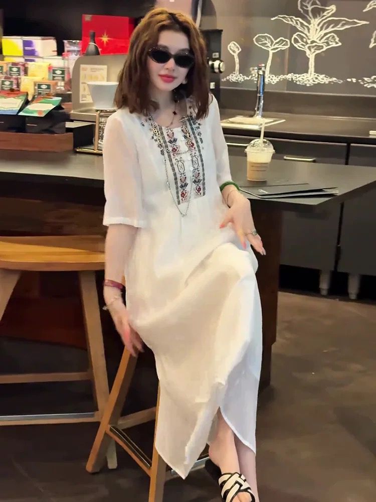 White France style dress pinched waist long dress for women