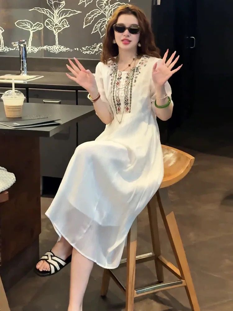 White France style dress pinched waist long dress for women