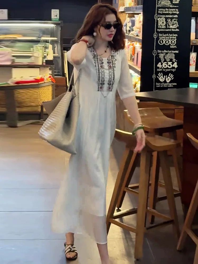 White France style dress pinched waist long dress for women