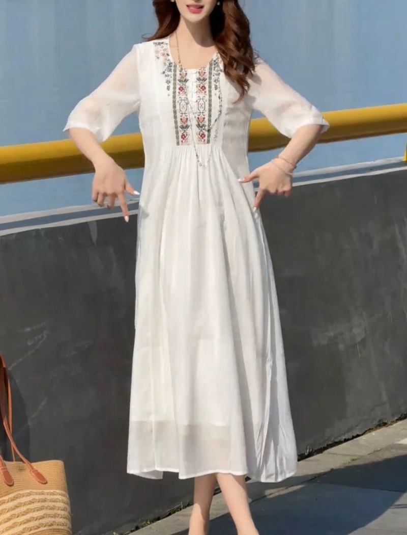 White France style dress pinched waist long dress for women