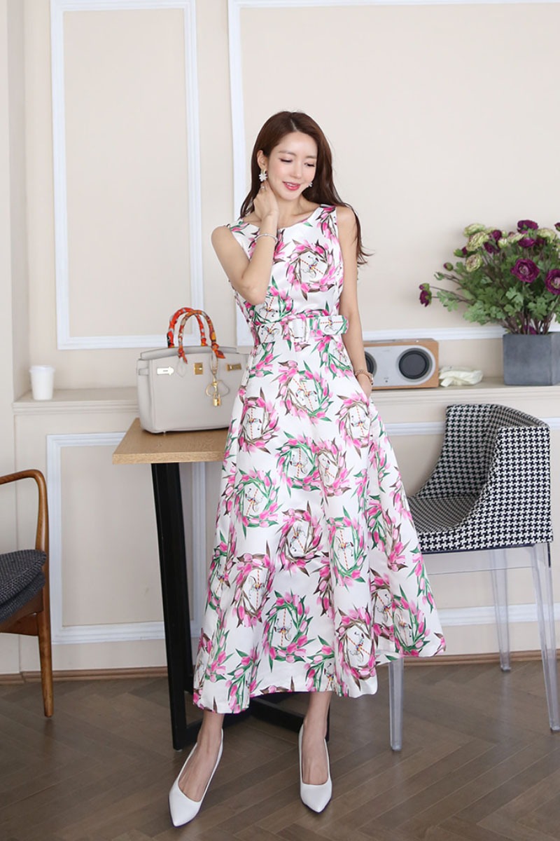 Slim long belt summer sleeveless long dress for women