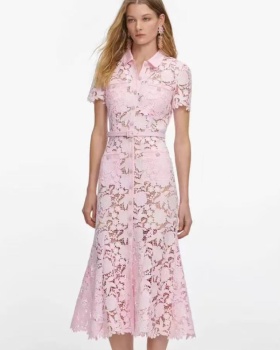 Lace temperament short sleeve lapel mermaid slim dress