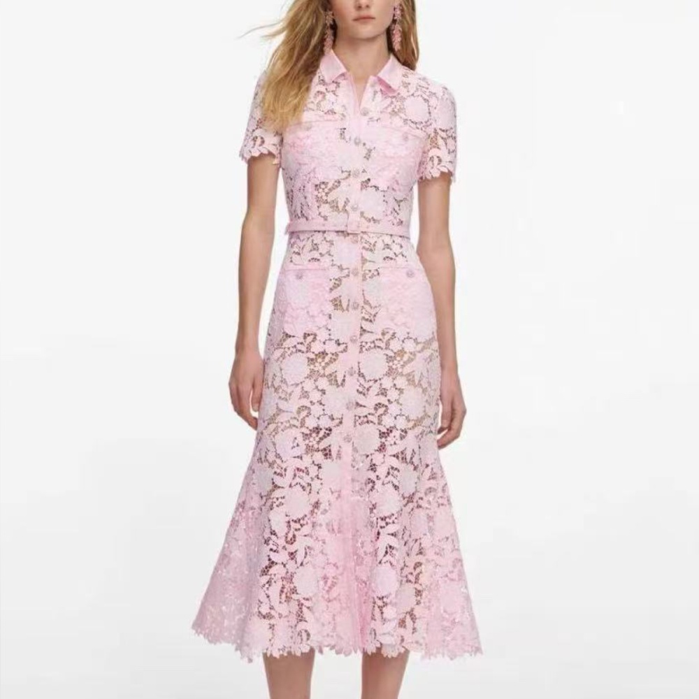 Lace temperament short sleeve lapel mermaid slim dress