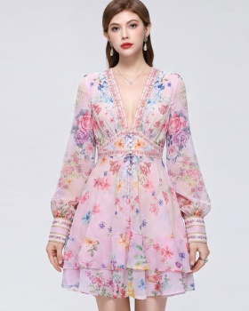 V-neck printing elastic waist T-back France style tender dress