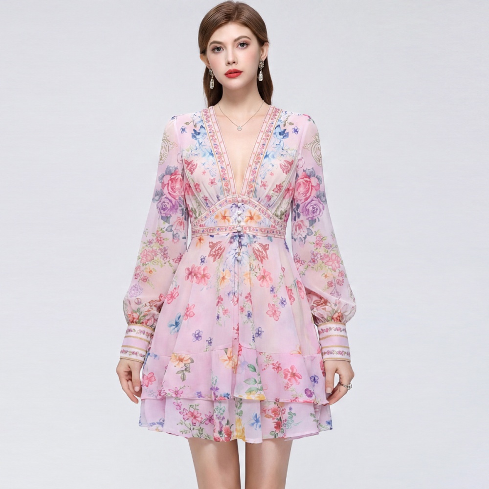 V-neck printing elastic waist T-back France style tender dress