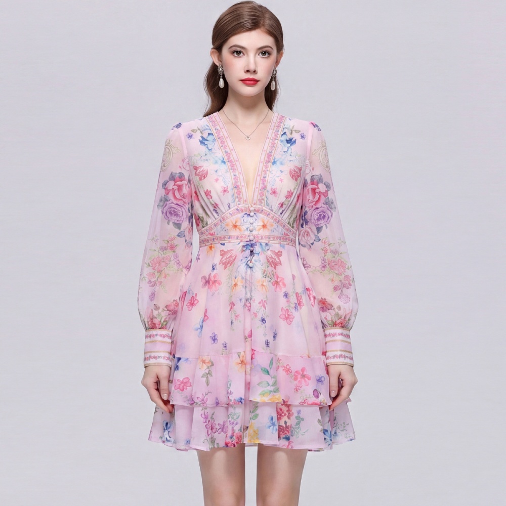 V-neck printing elastic waist T-back France style tender dress