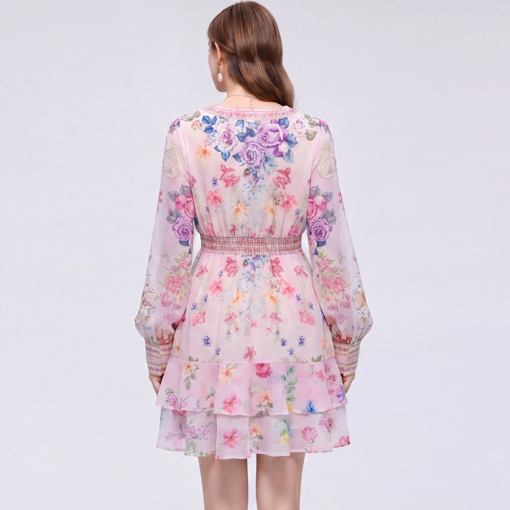 V-neck printing elastic waist T-back France style tender dress