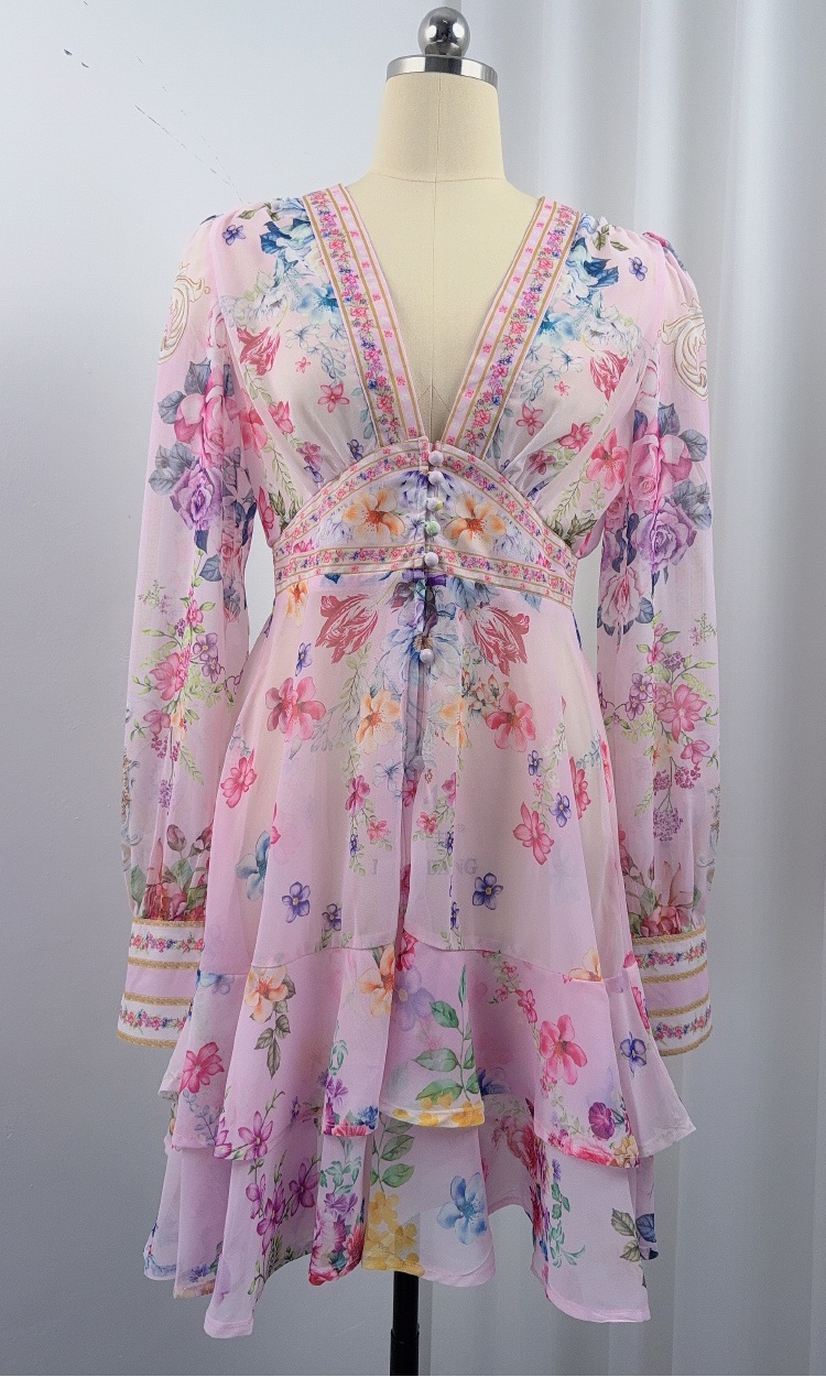 V-neck printing elastic waist T-back France style tender dress