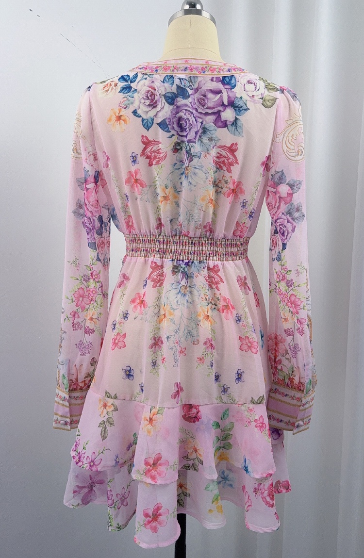V-neck printing elastic waist T-back France style tender dress