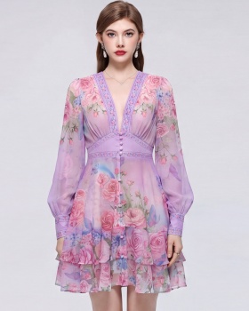 Tender France style T-back lantern sleeve V-neck dress