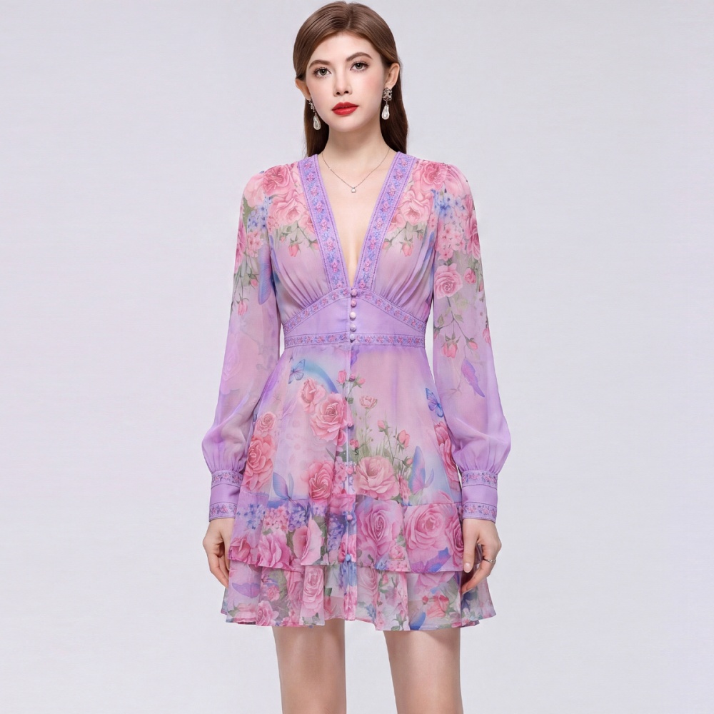 Tender France style T-back lantern sleeve V-neck dress