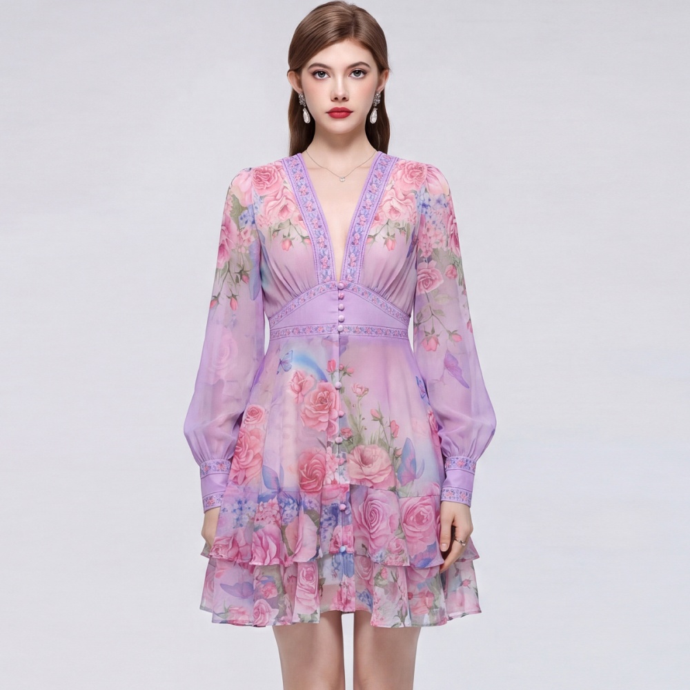 Tender France style T-back lantern sleeve V-neck dress