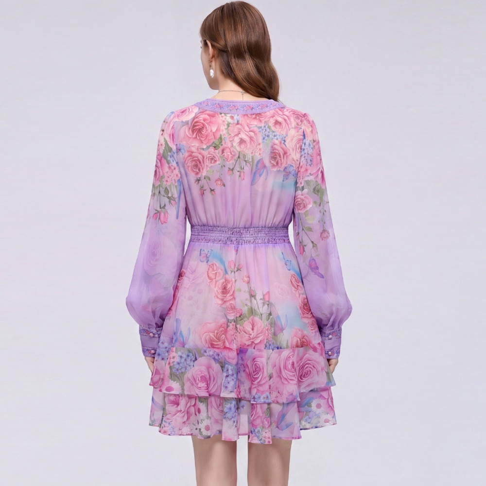 Tender France style T-back lantern sleeve V-neck dress