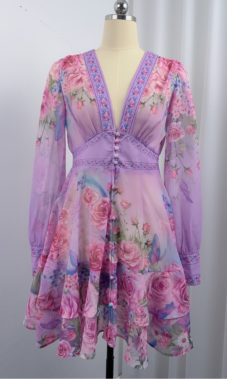 Tender France style T-back lantern sleeve V-neck dress