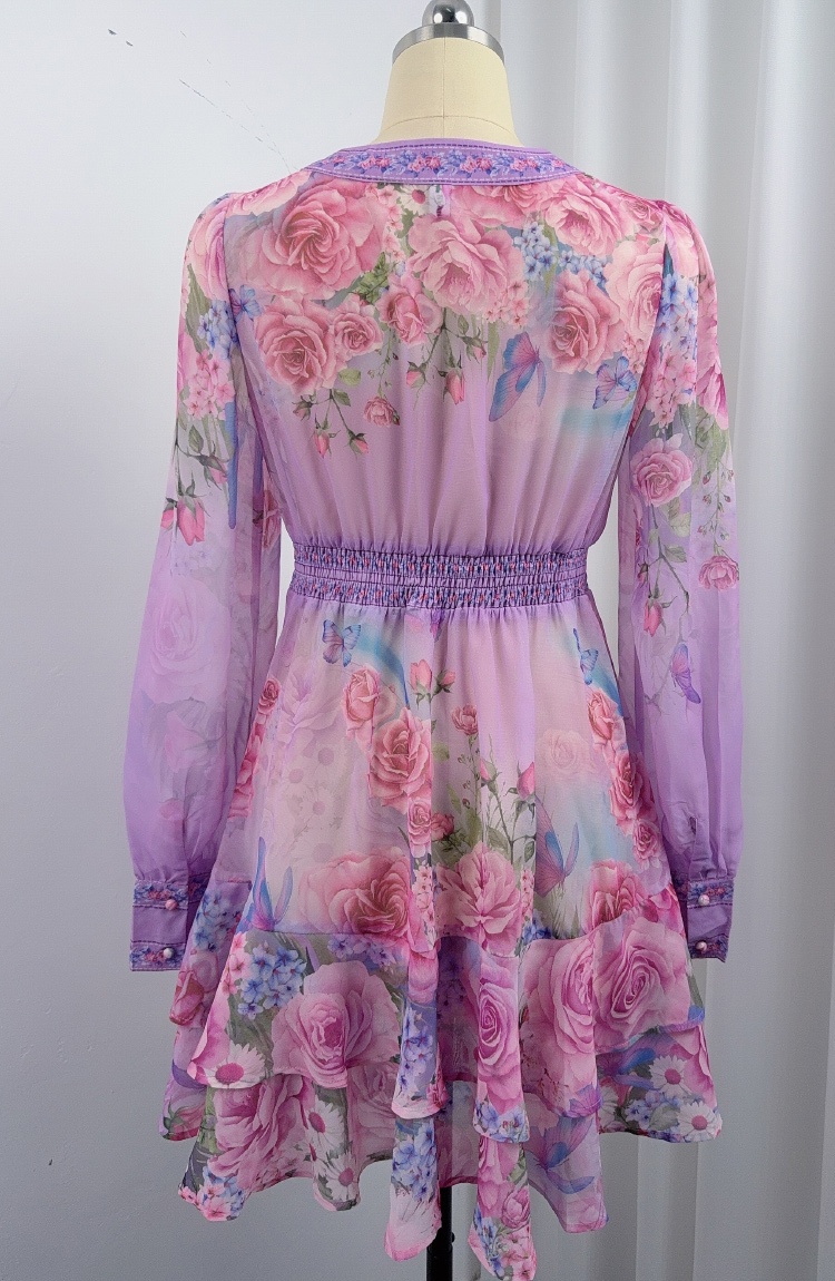 Tender France style T-back lantern sleeve V-neck dress