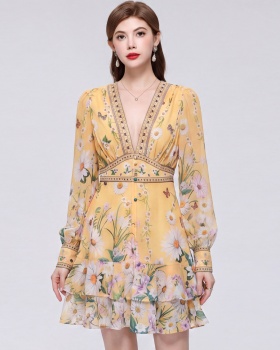 Elastic waist France style dress V-neck T-back