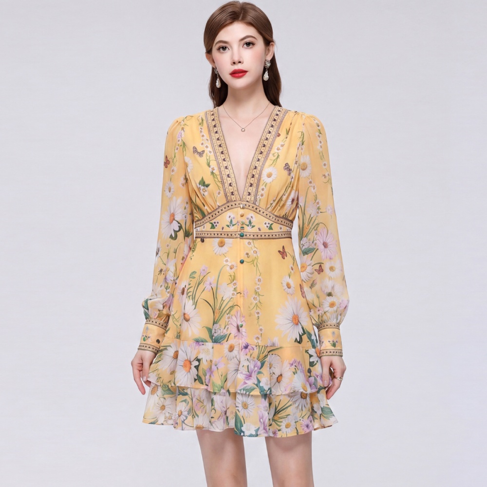 Elastic waist France style dress V-neck T-back