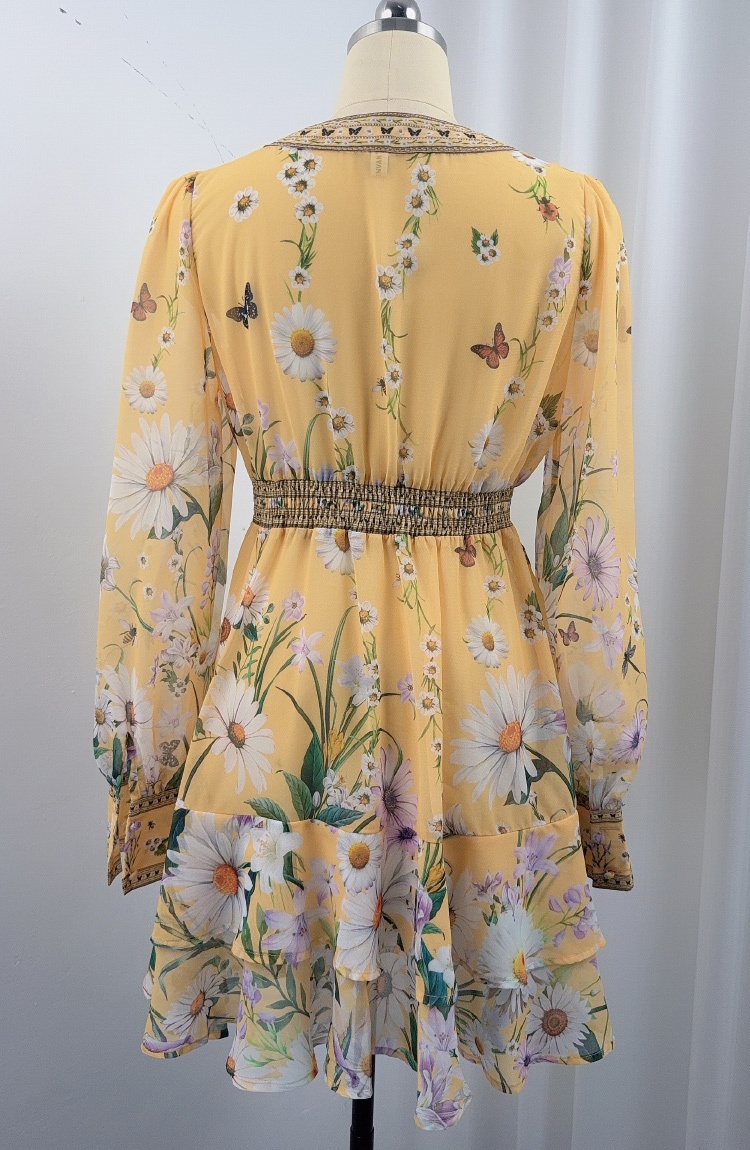 Elastic waist France style dress V-neck T-back