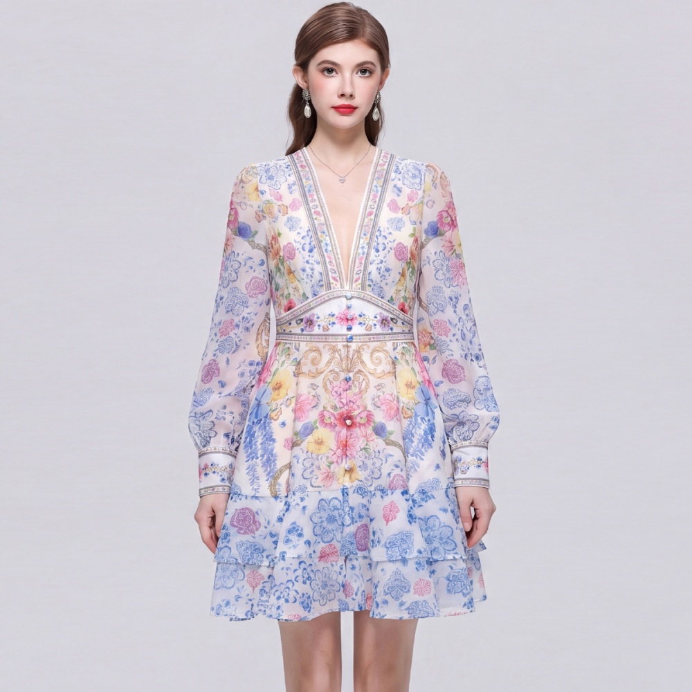 V-neck tender T-back elastic waist France style dress
