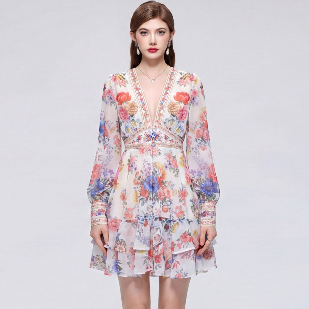 Tender lantern sleeve T-back V-neck slim dress