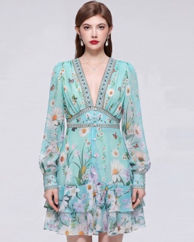 V-neck France style T-back printing dress