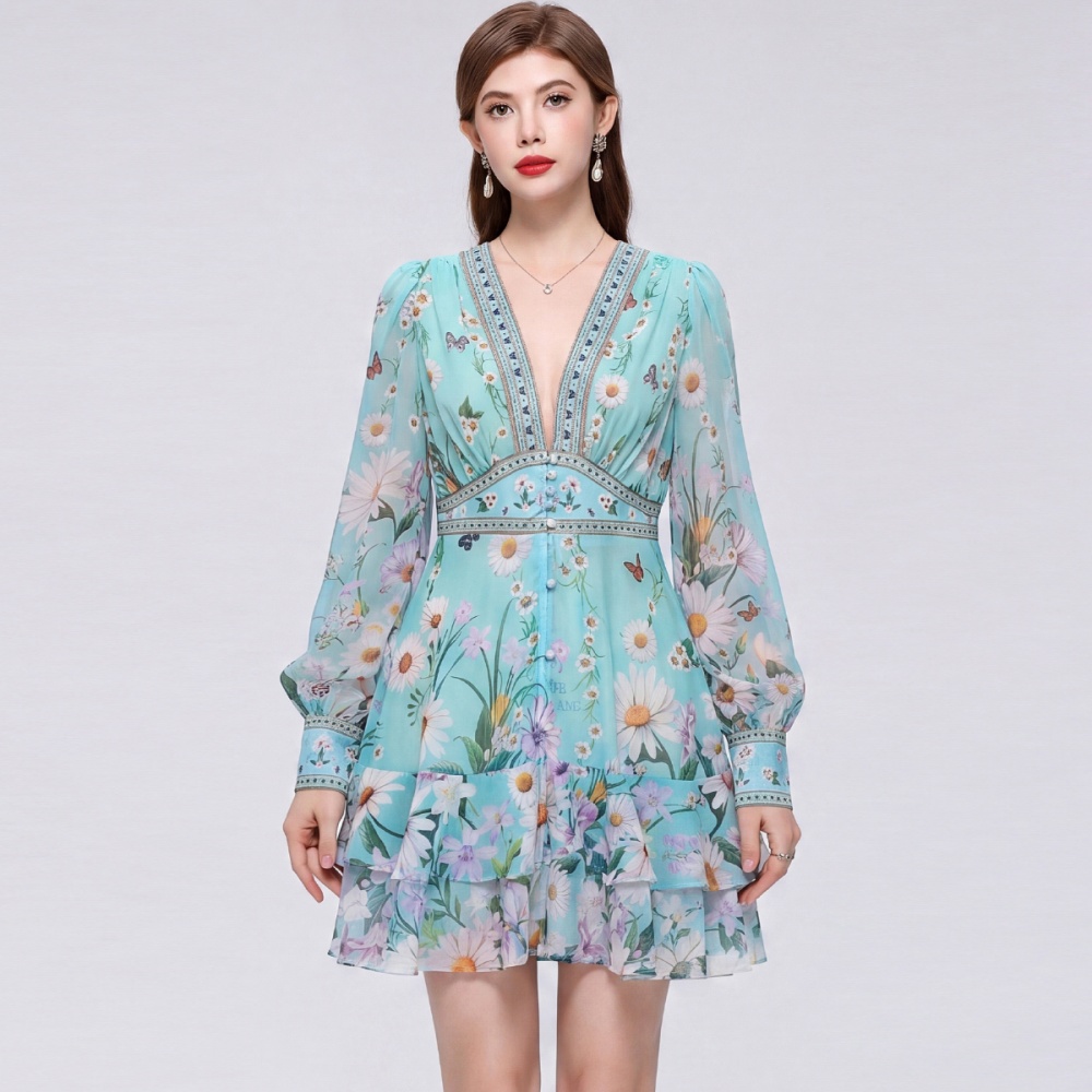 V-neck France style T-back printing dress
