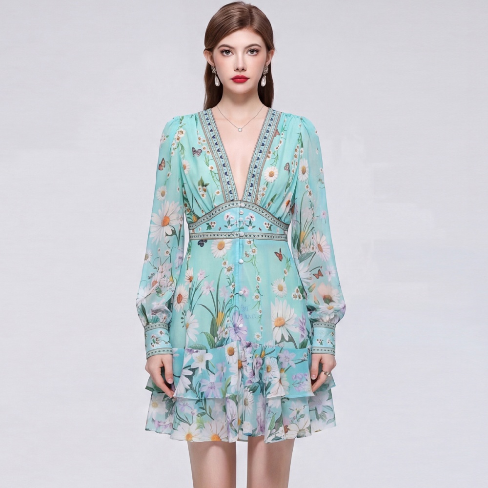 V-neck France style T-back printing dress