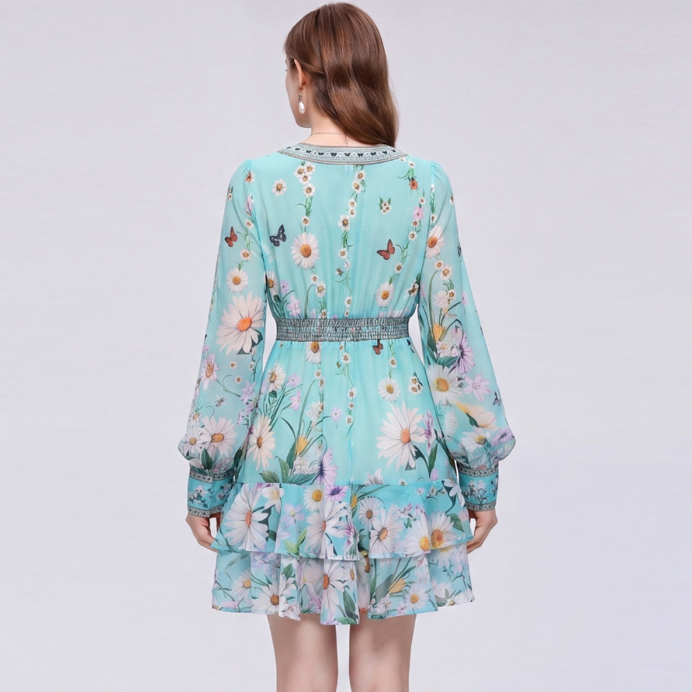 V-neck France style T-back printing dress
