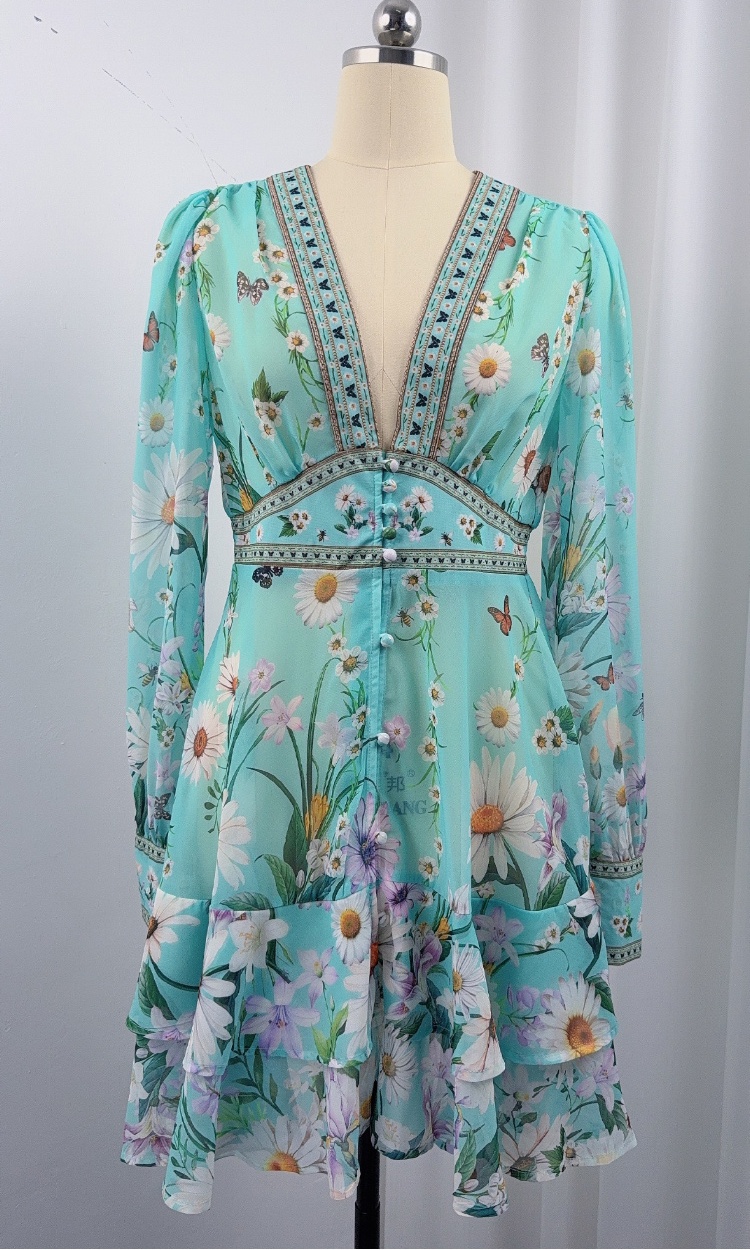V-neck France style T-back printing dress