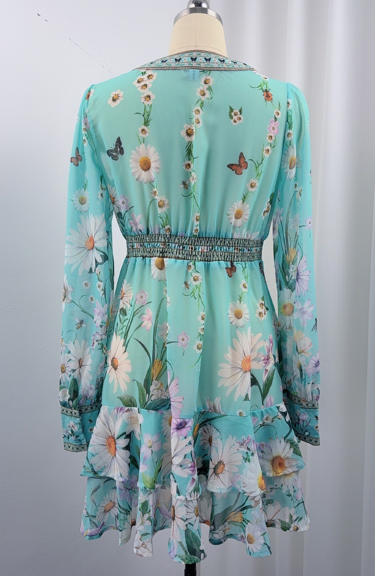 V-neck France style T-back printing dress