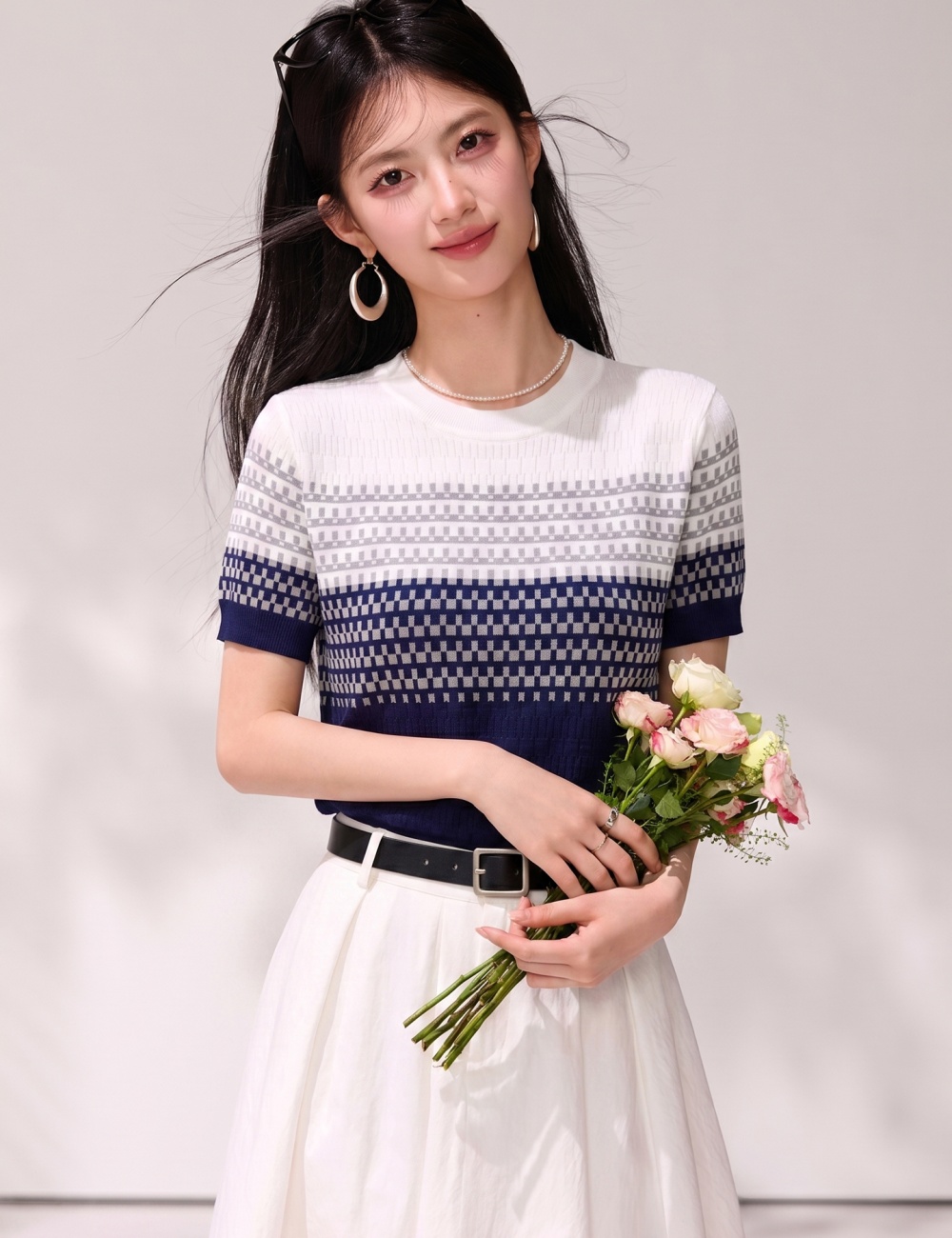 Western style summer knitted T-shirt slim gradient tops