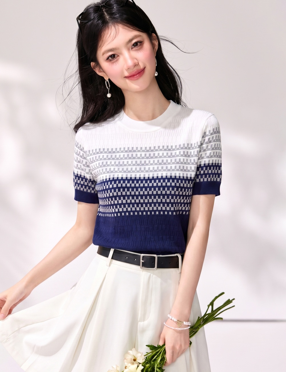 Western style summer knitted T-shirt slim gradient tops