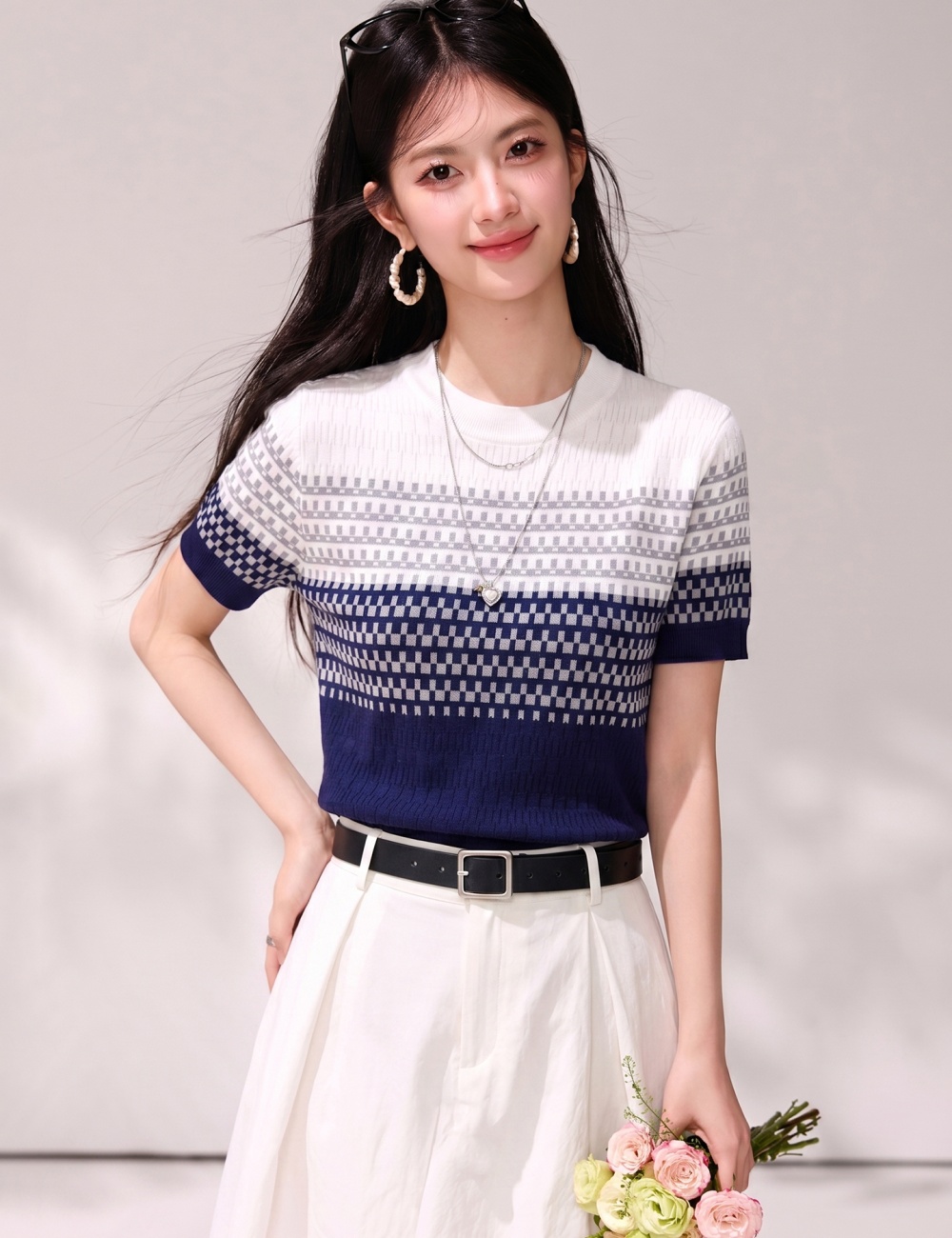 Western style summer knitted T-shirt slim gradient tops