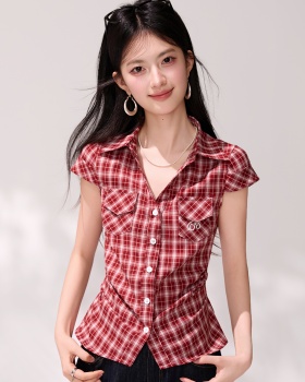 Pinched waist retro slim shirt summer plaid tops