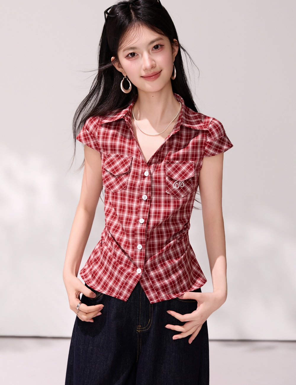 Pinched waist retro slim shirt summer plaid tops