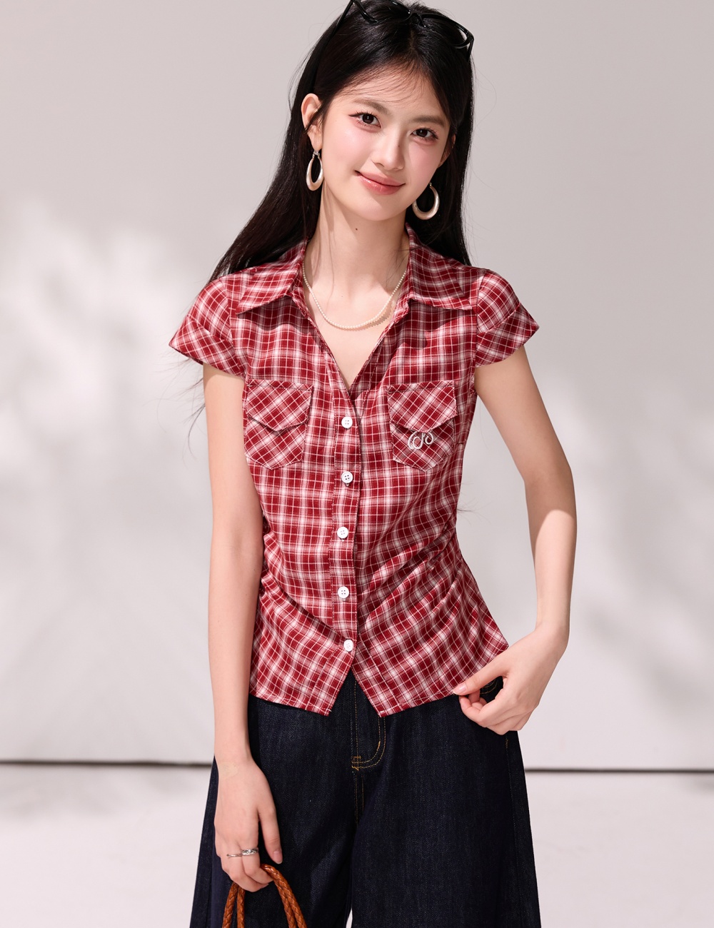 Pinched waist retro slim shirt summer plaid tops